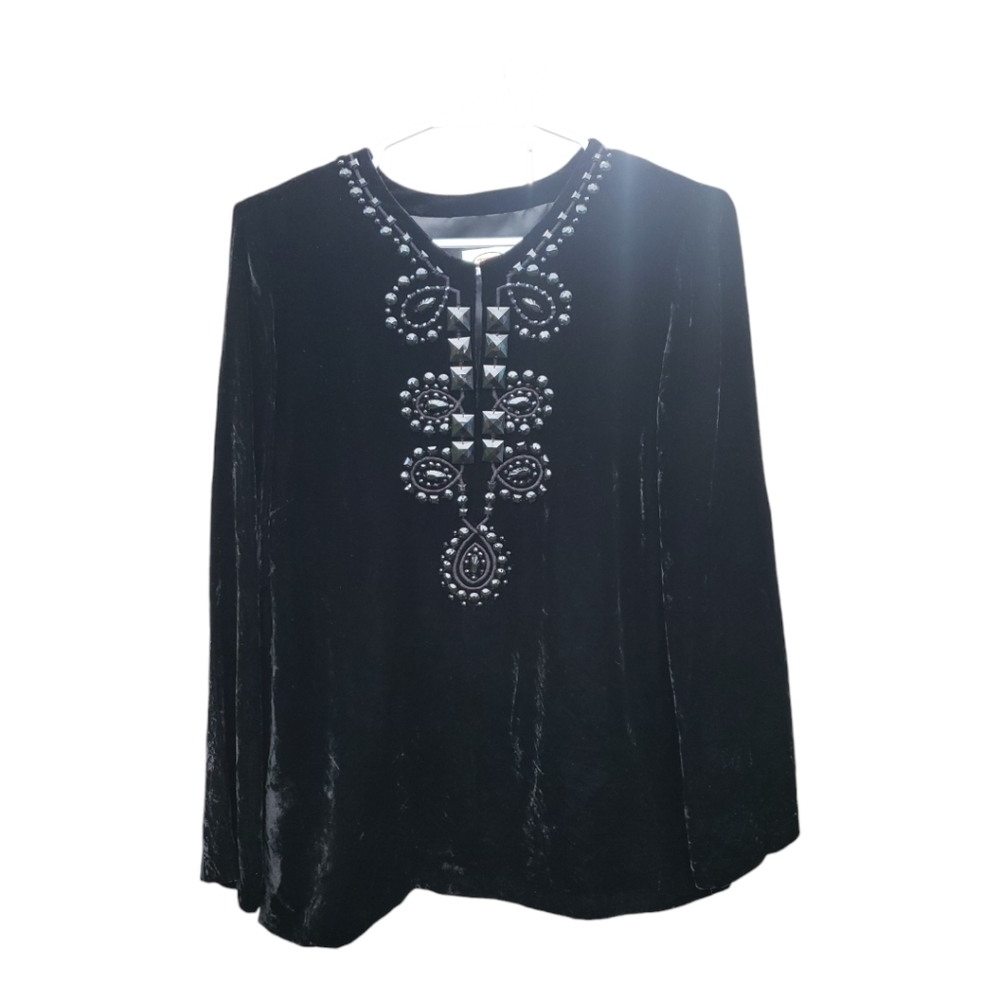 Talbots Black Velvet Bead Embellished Tunic Top Dressy Cocktail Women’s 8